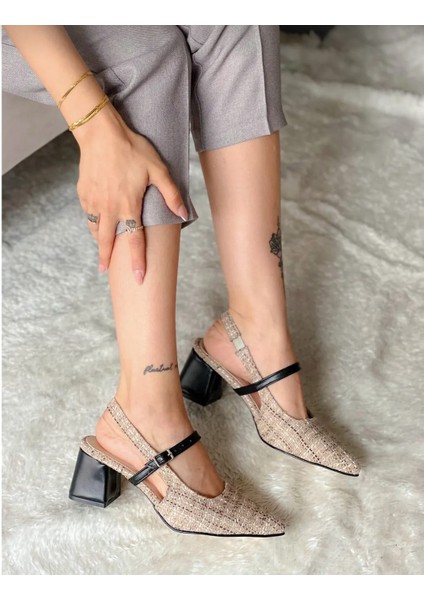 Cindy Bej Siyah Truf Topuklu Sandalet