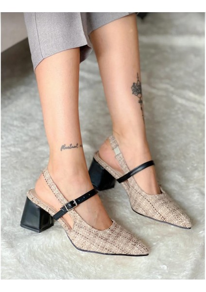 Cindy Bej Siyah Truf Topuklu Sandalet
