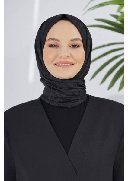 Scarf Floş Jakar Serisi Kazayağı Desenli Şal Siyah
