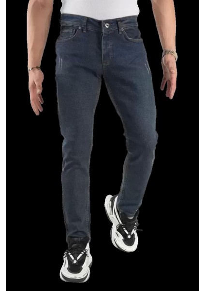 Erkek Dar Paça Desturalı New Gök Mavi Kot Pantolon