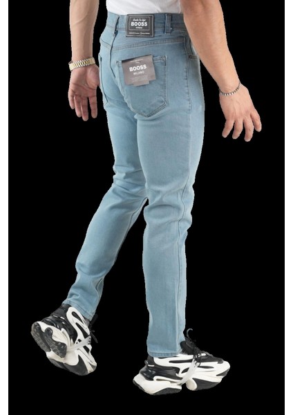 Erkek Dar Paça Desturalı New Toz Mavi Kot Pantolon