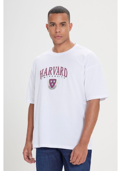 Harvard Lisanslı Oversize Bol Kesim %100 Pamuk Baskılı Bisiklet Yaka T-Shirt