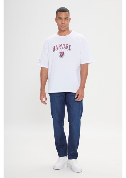 Harvard Lisanslı Oversize Bol Kesim %100 Pamuk Baskılı Bisiklet Yaka T-Shirt