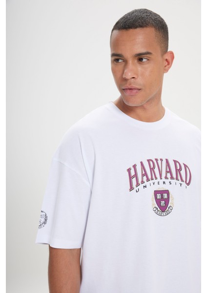 Harvard Lisanslı Oversize Bol Kesim %100 Pamuk Baskılı Bisiklet Yaka T-Shirt
