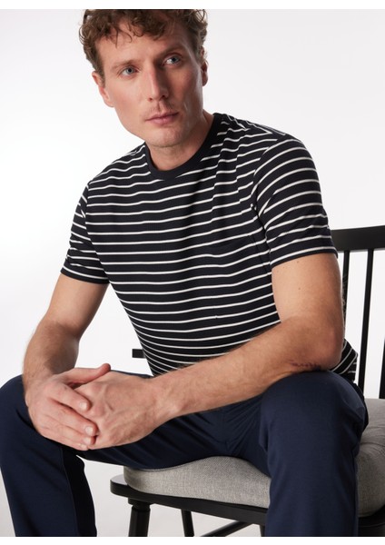 Bisiklet Yaka Çizgili Lacivert Erkek T-Shirt F4SM-TST 0259