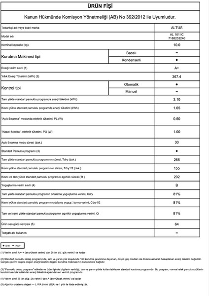 Al 101 Ic 10 kg Çamaşır Kurutma Makinesi