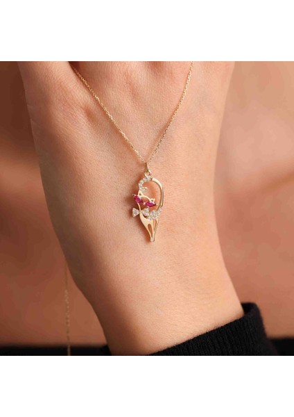Sevimli Altın Kedi Kolye Ruby