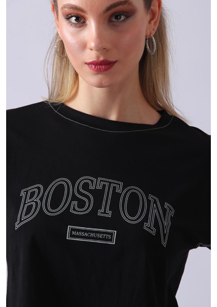 Boston Yazılı Crop Kadın T-Shirt