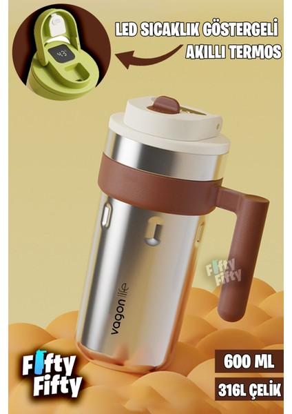600 ml LED Sıcaklık Göstergeli Akıllı Çelik Termos Kulplu -Kahve BARDAĞI-MUG-FFVGN2009