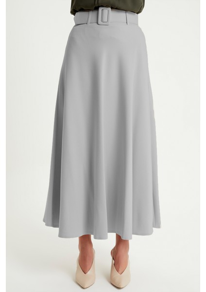 Kemerli Kloş Etek - Gri