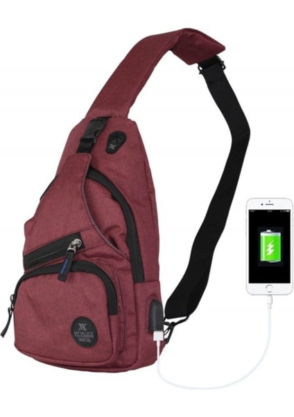 Bordo Usb'li Çapraz Göğüs Çantası