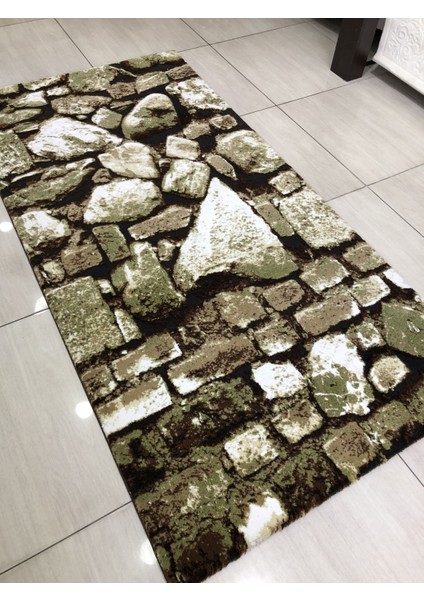 Halı Doğadan 10859 J1 80X200 Yeşil Kahve Taş Desenli Halı !