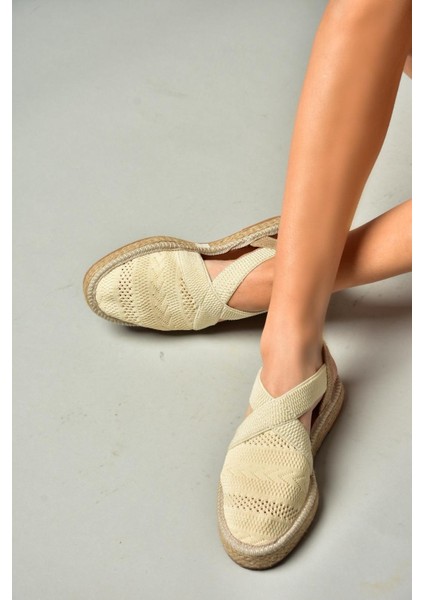 S404010106 Bej Dantel Kumaş Kadın Espadril Sandalet modelleri