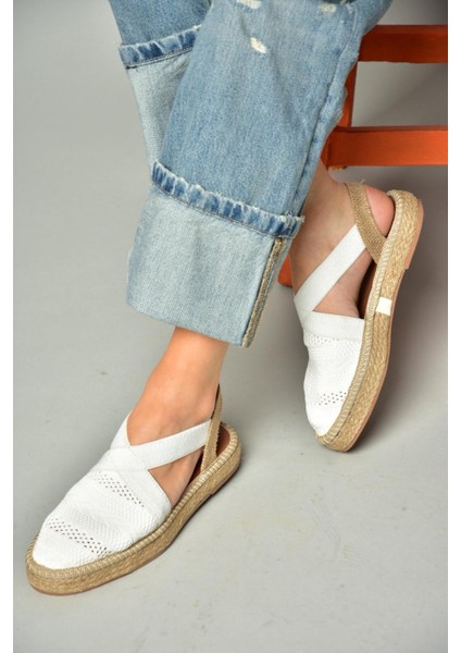 S404010106 Beyaz Dantel Kumaş Kadın Espadril Sandalet fırsatları