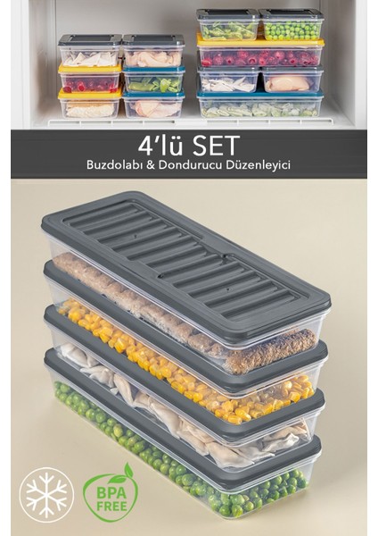 4'lü Buzdolabı Organizer Mikrodalga ve Difrize Uygun Saklama Kabı Antrasit 4 x 1170 ml