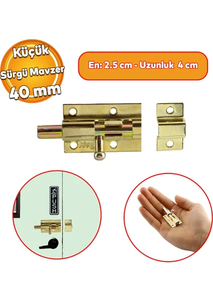 Küçük Mavzer Sürgü Sürgülü Sürgüsü Kilit 25X40 mm Kapı Pencere Emniyet Kilidi Metal Prinç Sarı