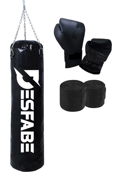 Boxing Star 70X25 cm Zincirli Boks Kum Torbası Siyah+El Sargı Bandajı+Boks Eldiveni