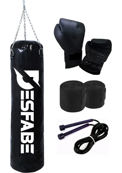 Boxing Star 70X25 cm Zincirli Boks Kum Torbası Siyah+El Sargı Bandajı+Boks Eldiveni+Atlama Ipi