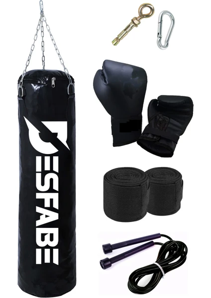 Boxing Star 70X25 cm Zincirli Boks Kum Torbası Siyah+Askı Aparatı+Boks Eldiveni+El Sargı Bandajı+Atlama Ipi