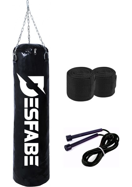 Boxing Star 70X25 cm Zincirli Boks Kum Torbası Siyah+El Sargı Bandajı+Atlama Ipi