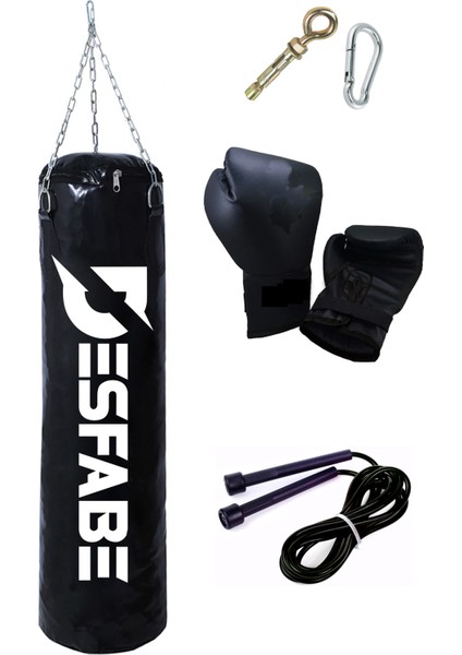 Boxing Star 70X25 cm Zincirli Boks Kum Torbası Siyah+Askı Aparatı+Boks Eldiveni+Atlama Ipi