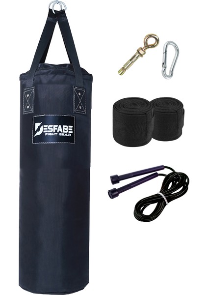 Polydes 80X25 cm Kolonlu Boks Kum Torbası Siyah+Askı Aparatı+El Sargı Bandajı+Atlama Ipi