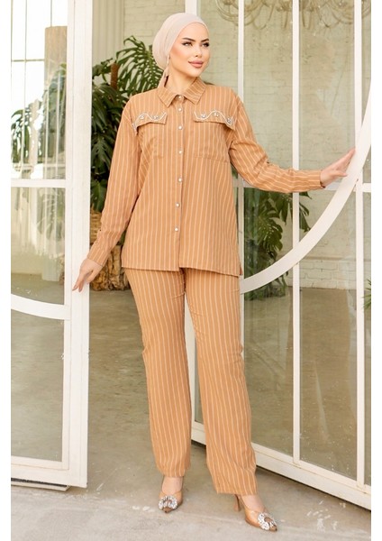 Taşlı Keten Tunik Pantolon Ikili Takım 834 - Vizon