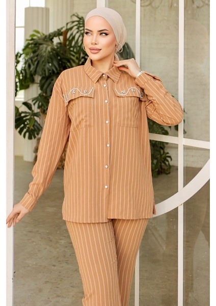 Taşlı Keten Tunik Pantolon Ikili Takım 834 - Vizon fiyatları