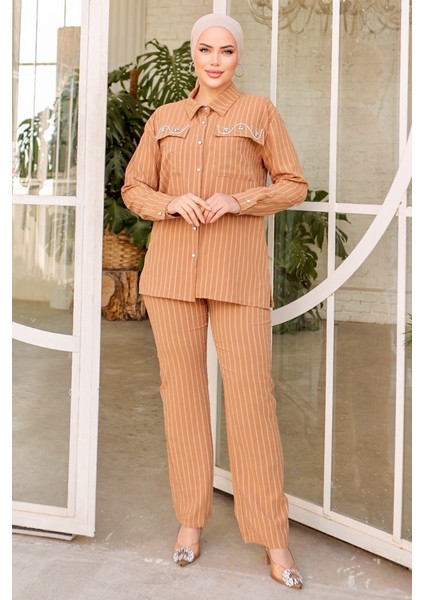 Taşlı Keten Tunik Pantolon Ikili Takım 834 - Vizon modelleri