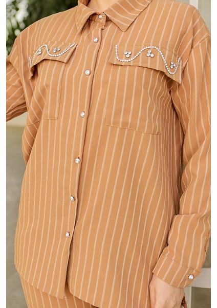 Taşlı Keten Tunik Pantolon Ikili Takım 834 - Vizon fırsatları