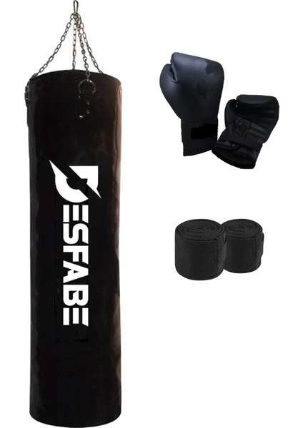 Boxing Star 120X32 cm Zincirli Boks Kum Torbası Siyah+Boks Eldiveni+El Sargı Bandajı