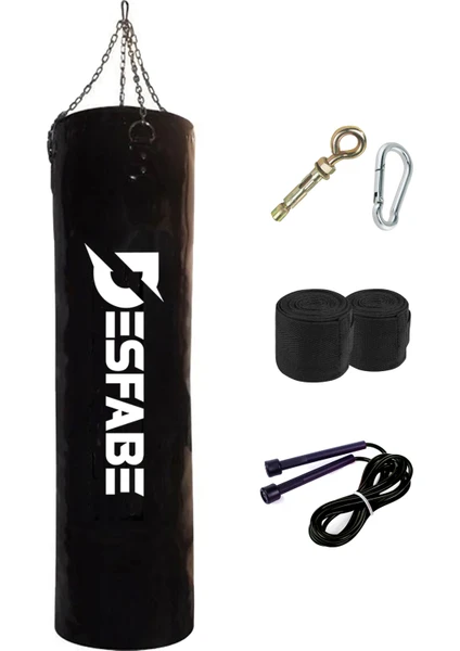 Boxing Star 120X32 cm Zincirli Boks Kum Torbası Siyah+Askı Aparatı+El Bandajı+Atlama Ipi