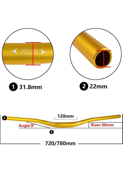 Alüminyum Gold 31.8 780MM Riser Mtb Gidon