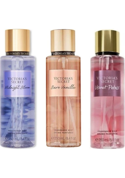 Victoria's Secret Midnight Bloom-Bare Vanilla-Velvet Petals Vücut Spreyi Üçlü Set