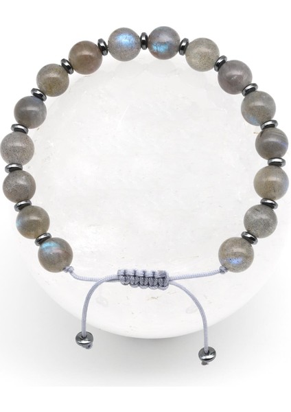 Labradorit - Hematit Doğal Taş Makrome Örme Bileklik Küre Kesim