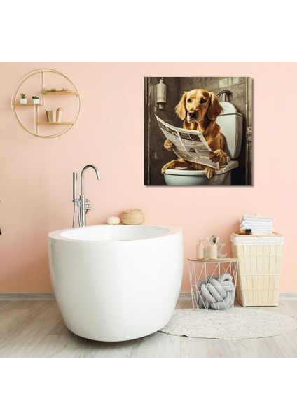 Tekli Kare Kanvas Banyo Tablosu Gazete Okuyan Golden Cins Köpek
