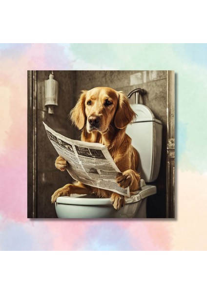 Tekli Kare Kanvas Banyo Tablosu Gazete Okuyan Golden Cins Köpek modelleri