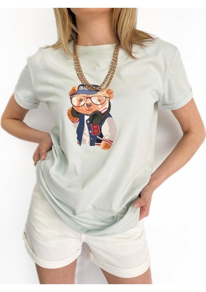 Kadın Ayıcık Baskılı Tshirt Mint modelleri
