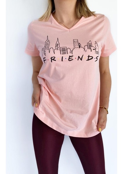 Kadın V Yaka Friends Baskılı Pembe Tshirt