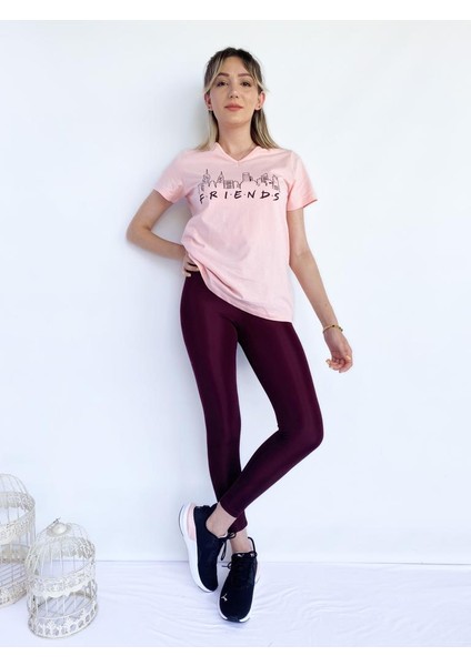 Kadın V Yaka Friends Baskılı Pembe Tshirt modelleri