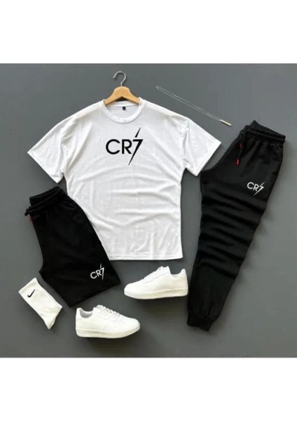 Moda Wear Cr7 Basklı T-Shirt Eşofman Altı Şort Kombin 3lü Set