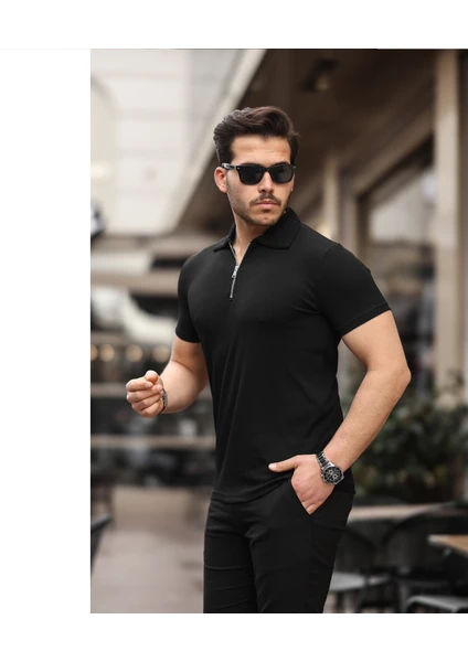 Roberto Bornova Siyah Yarım Fermuarlı Polo Yaka T-Shirt