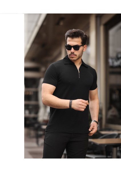 Siyah Yarım Fermuarlı Polo Yaka T-Shirt