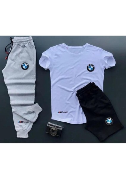 Moda Wear Bmw Basklı T-Shirt Eşofman Altı Şort Kombin 3lü Set