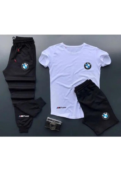 Moda Wear Bmw Basklı T-Shirt Eşofman Altı Şort Kombin 3lü Set