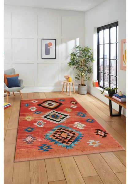 Dijital Baskılı Kaymaz Yıkanabilir Etnik Desenli Mutfak Salon Halısı, Etnik-01-Kırmızı