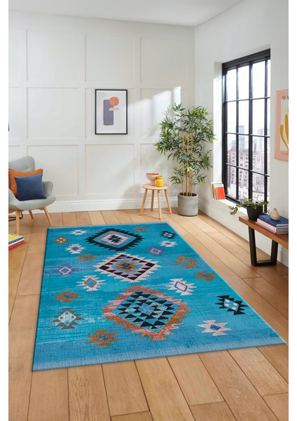 Dijital Baskılı Kaymaz Yıkanabilir Etnik Desenli Mutfak Salon Halısı, Etnik-01-Mavi