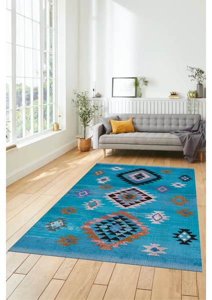 Dijital Baskılı Kaymaz Yıkanabilir Etnik Desenli Mutfak Salon Halısı, Etnik-01-Mavi indirimleri