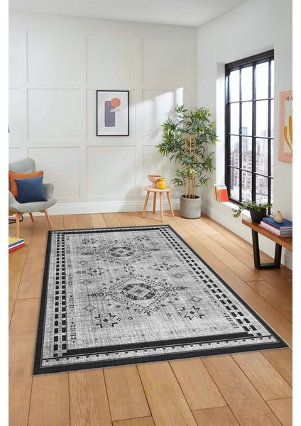 Dijital Baskılı Kaymaz Yıkanabilir Etnik Desen Yolluk Mutfak Salon Halısı, Etnik-03-Gri