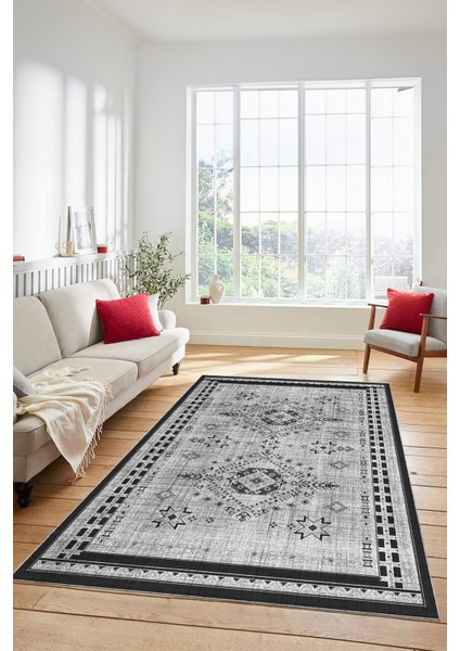 Dijital Baskılı Kaymaz Yıkanabilir Etnik Desen Yolluk Mutfak Salon Halısı, Etnik-03-Gri